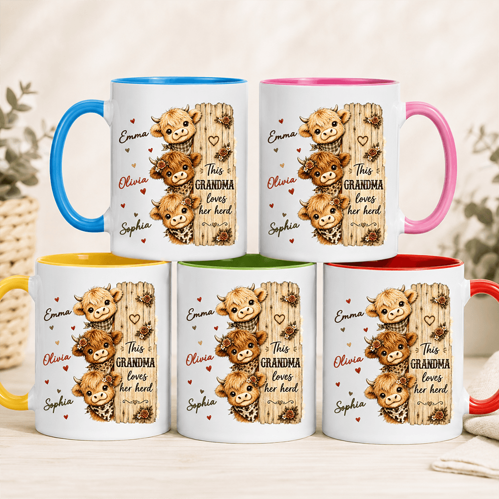 Personalized Highland Cow Mug for Grandma, Custom Grandkids Names, This Grandma Loves Her Herd Gift