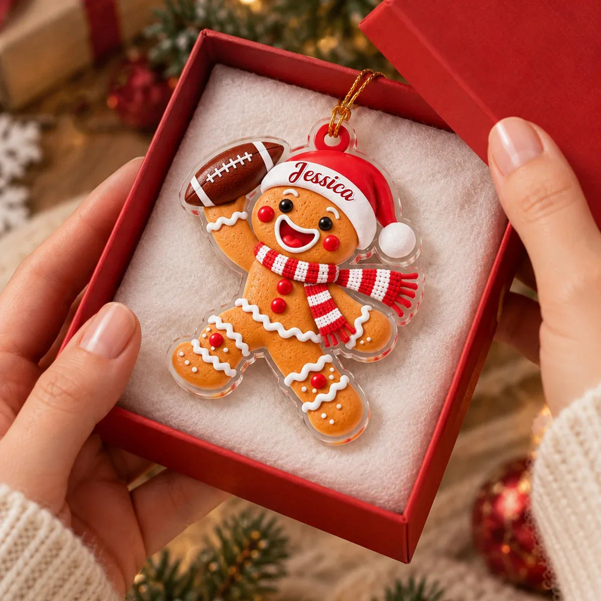 Personalized Acrylic Ornament, Gingerbread Football Player on a Christmas Tree, Unique Gift for Sports Lovers