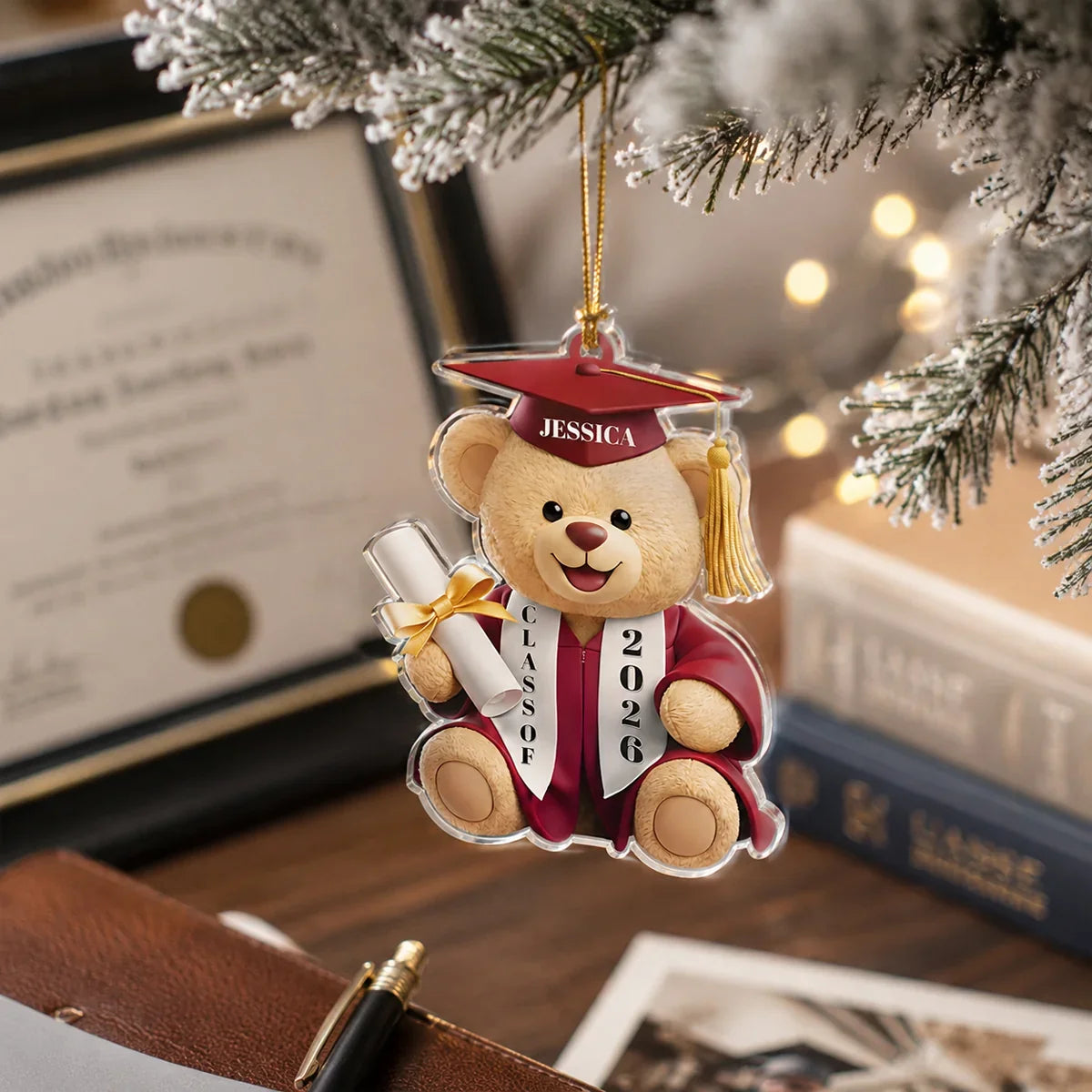 Personalized Acrylic Ornament, Teddy Bear Graduate Holding Diploma, Unique Gift for Tree Display