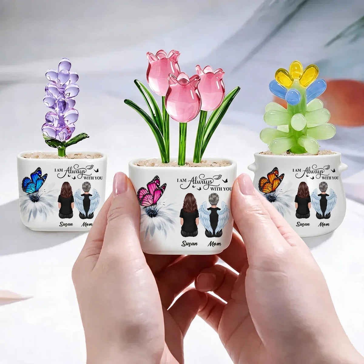 Personalized Memorial Planter with Glass Flowers, In Loving Memory of a Loved One, Sympathy & Remembrance Gift for Family