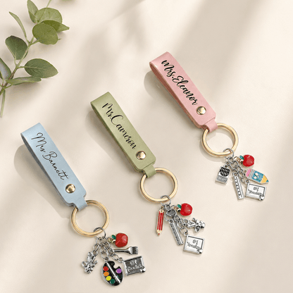 Personalized Teacher Keychain with Name, Apple, Pencil & School Charms – Unique Teacher Appreciation Gift
