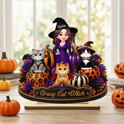 Personalized 2-Layer Wooden Plaque, Witch Posing with Cats and Pumpkins, Unique Halloween Gift for Cat Lovers