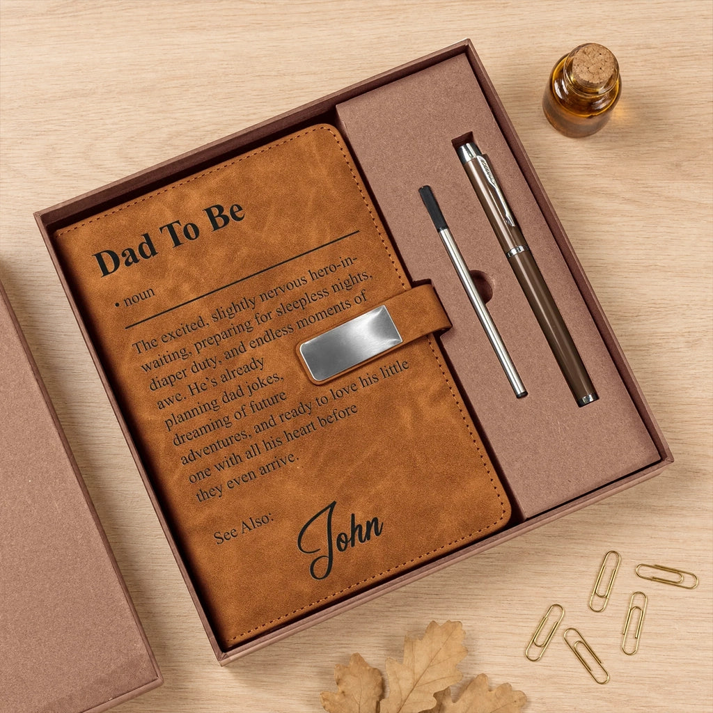Personalized Metal Buckle Notebook Set for Dad To Be, Warm Brown Unique Gift for New Dad