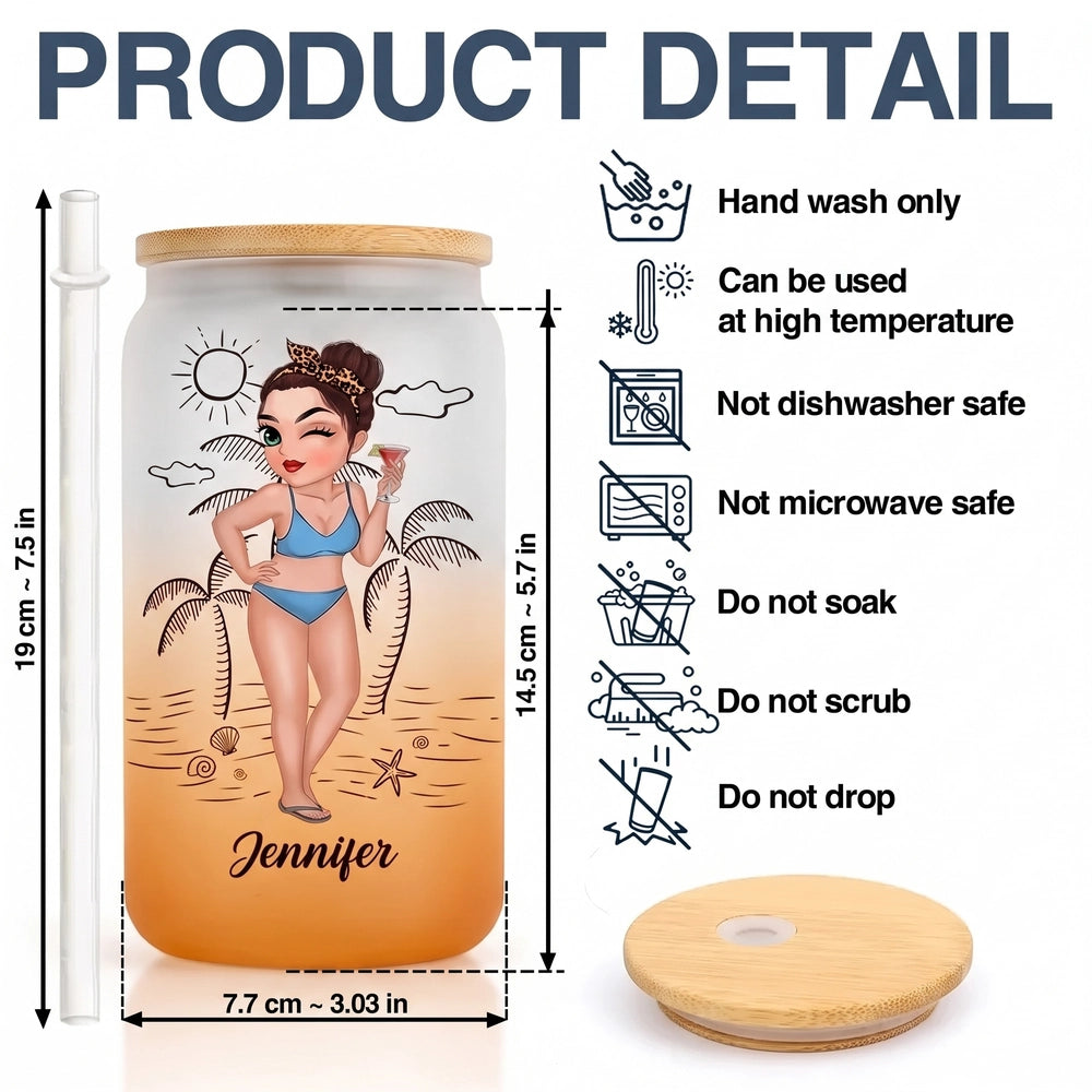 Personalized Frosted Ombre Glass Can, Tanned and Tipsy Beach Woman Holding Cocktail, Unique Gift for Her
