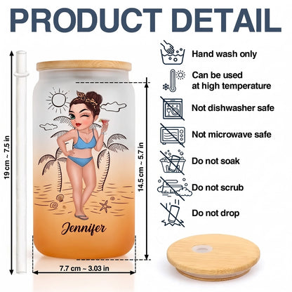 Personalized Frosted Ombre Glass Can, Tanned and Tipsy Beach Woman Holding Cocktail, Unique Gift for Her