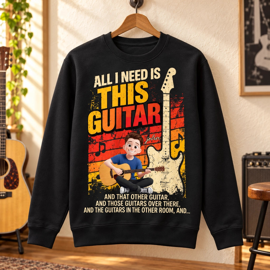 Personalized Vintage Rock Guitar Sweatshirt, Custom Cartoon Guitarist Design, Retro Gift for Guitar Players & Music Lovers