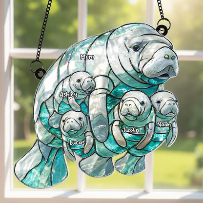 Personalized Manatee Mom and Calves Acrylic Suncatcher Ornament for Window Decor, Sweet Ocean Family Moment, Unique Gift for Mom