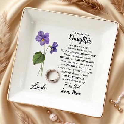 Jewelry Dish for Daughter, Personalized Keepsake Tray with Love Note and Purple Flower, Sweet Gift from Mom