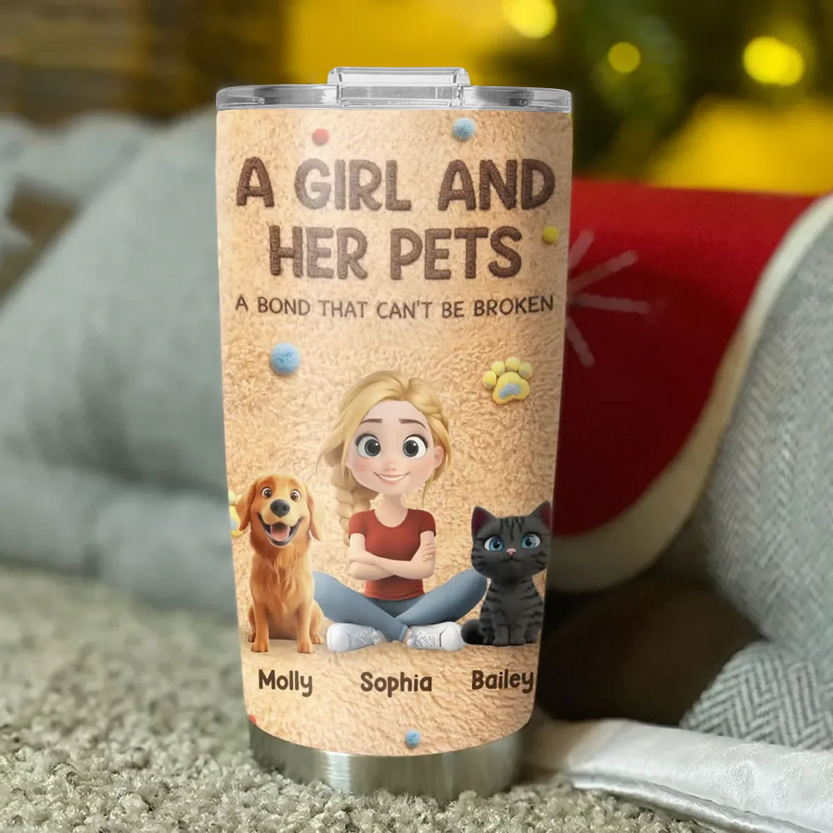 Personalized Insulated Travel Tumbler With Sitting Girl & Pets, Unique Gift for Pet Mom, Warm Cartoon Design