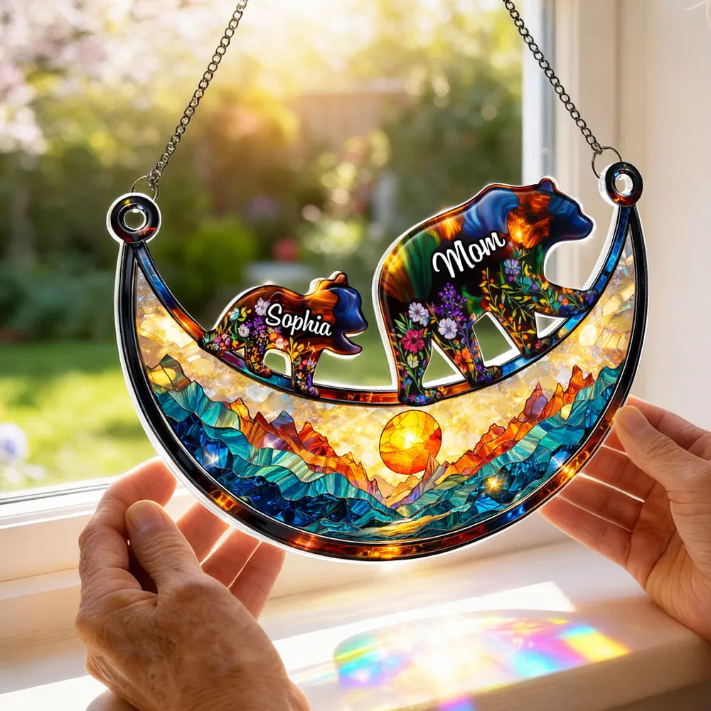 Personalized Mama Bear Acrylic Suncatcher Ornament, Colorful Stained Glass Style Window Decor, Unique Gift for Mom