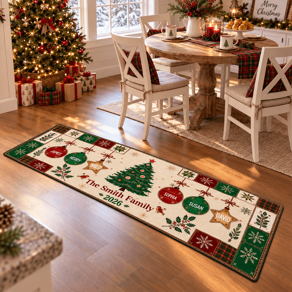Personalized Premium Doormat with Christmas Tree and Ornaments, Unique Family Gift for a Festive Entryway