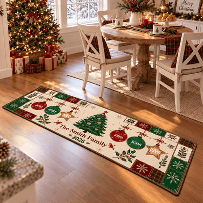 Personalized Premium Doormat with Christmas Tree and Ornaments, Unique Family Gift for a Festive Entryway