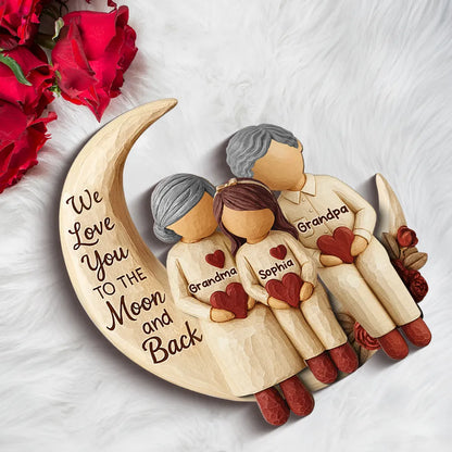 Personalized 2-Layer Wooden Plaque Grandma Grandpa and Grandchild on Moon We Love You to the Moon and Back Unique Gift