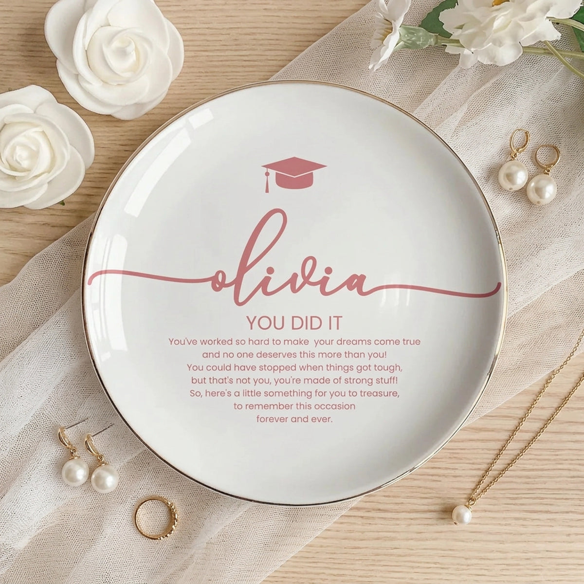 Round Jewelry Dish With Graduation Cap and Encouraging Quote, Personalized Keepsake Tray, Thoughtful Gift For Her