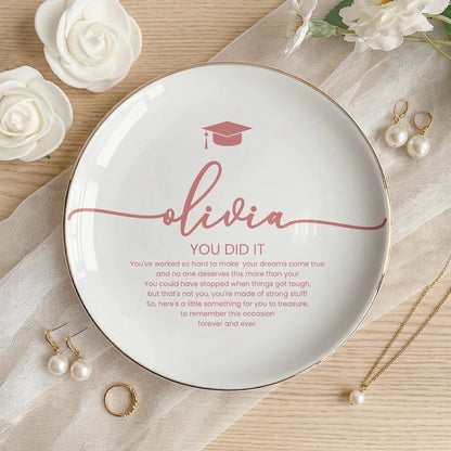 Round Jewelry Dish With Graduation Cap and Encouraging Quote, Personalized Keepsake Tray, Thoughtful Gift For Her