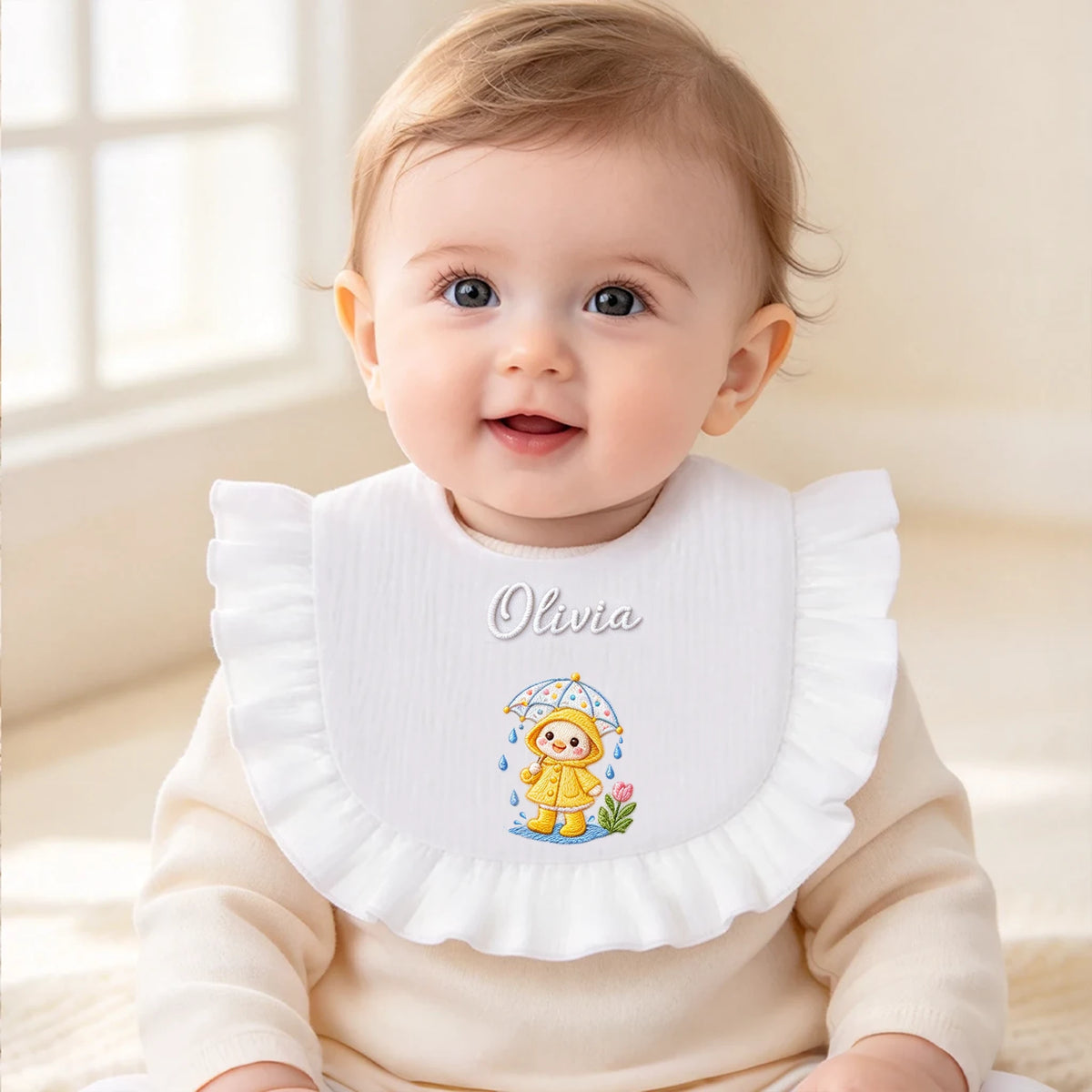 Personalized Embroidered Ruffle Baby Bib, Unique Gift for Babies and New Parents