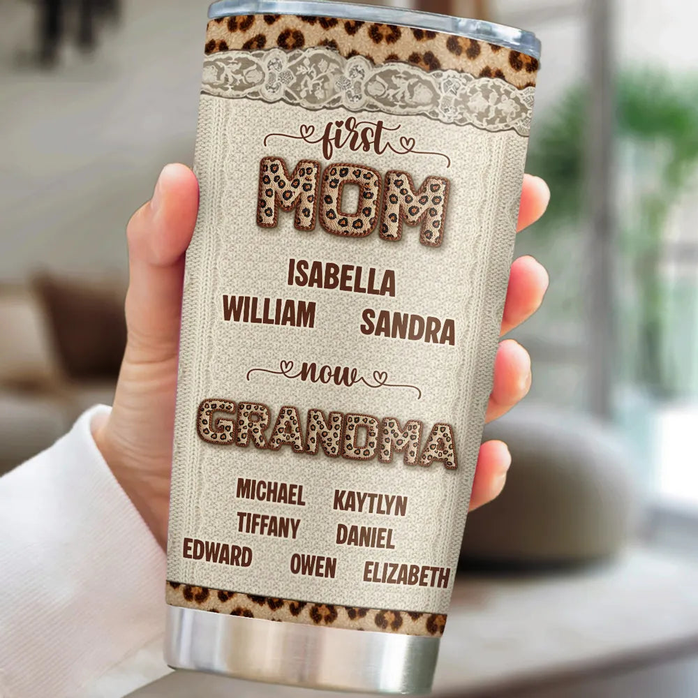 Personalized Insulated Travel Tumbler for Grandma, First Mom Now Grandma Leopard Lace Design, Unique Gift for Her
