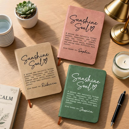 Personalized Leather Journal, Sunshine Soul Quote in Blush, Sage & Tan, Unique Gift for Coworker or Teacher