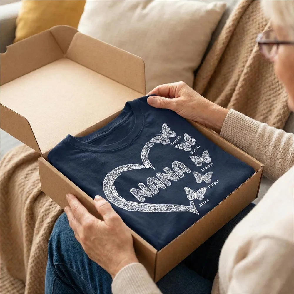 Personalized Classic Tee for Grandma, Lace Heart Nana Butterfly Design, Unique Custom Gift for Mother's Day