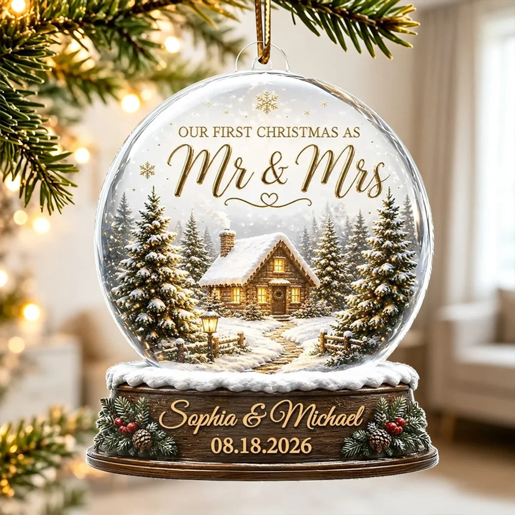 Our First Christmas as Mr & Mrs Personalized Acrylic Ornament, Creative Gift for Newlyweds with Snowy Cabin
