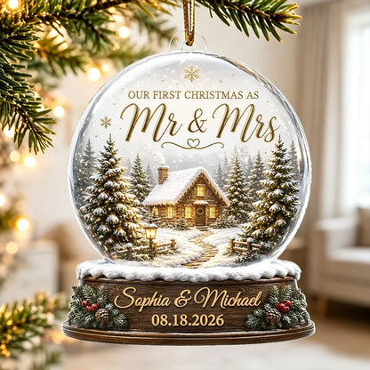 Our First Christmas as Mr & Mrs Personalized Acrylic Ornament, Creative Gift for Newlyweds with Snowy Cabin