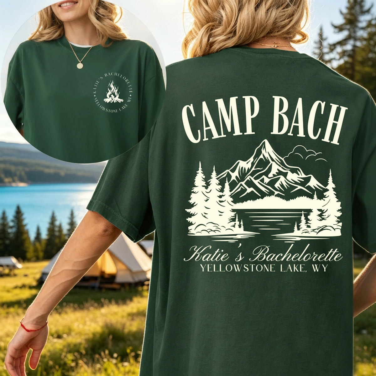 Dual Print Classic Tee For Bachelorette Weekend, Sage Green Camp Shirt, Creative Gift For Bride Crew Memories