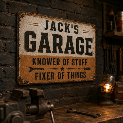 Personalized Vintage Industrial Garage Sign, Rustic Distressed Iron Workshop Decor, Custom Name Gift for Him