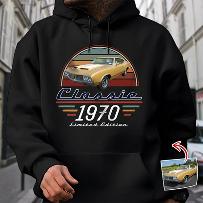 Personalized Classic Tee With Custom Car Photo & Retro Stripes, Unique Gift For Dad Grandpa Husband
