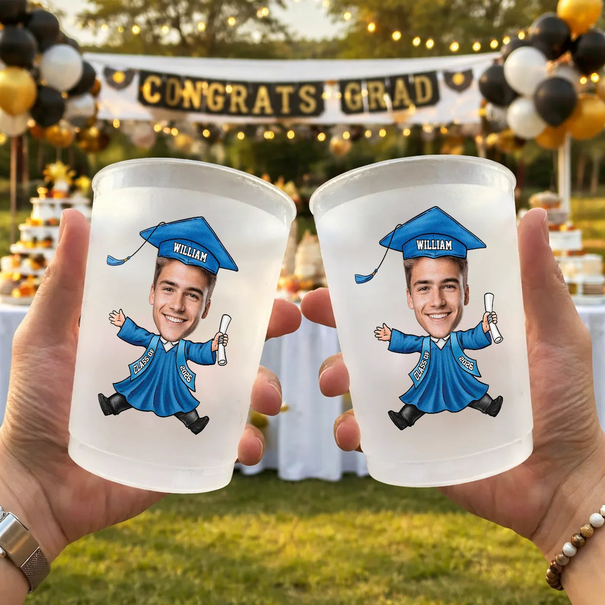 Personalized Frosted Plastic Cup with Smiling Graduate, Unique Creative Gift for Her Graduation Party