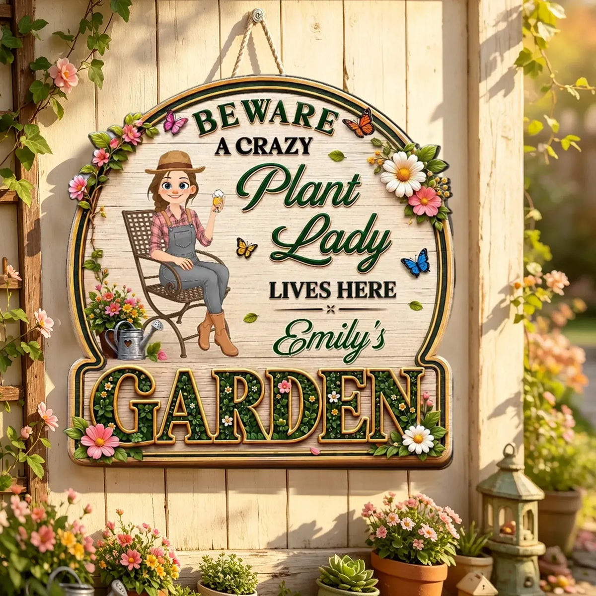 Personalized Wooden Sign, Stylized Plant Lady Garden Decor, Unique Creative Gift for Plant Lovers