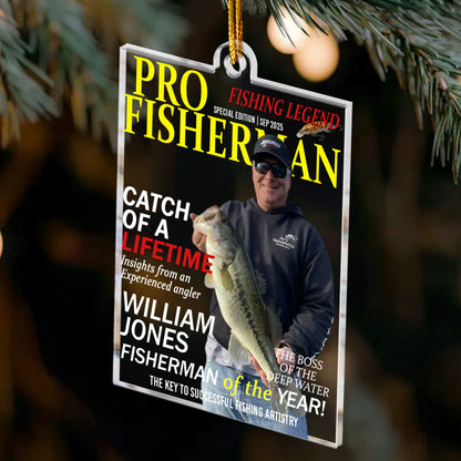 Personalized Acrylic Ornament for Fishing Legend – Pro Fisherman Magazine Style, Unique Gift for Anglers & Holiday Decor