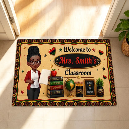 Personalized Teacher Doormat, Illustrated Teacher Holding A Book, Unique Classroom Gift For Educator