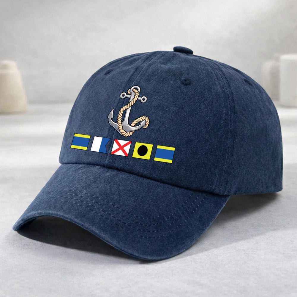 Washed Denim Baseball Cap with Boat Anchor and Nautical Flags - Coastal Style Unique Gift for Sailors and Boat Lovers