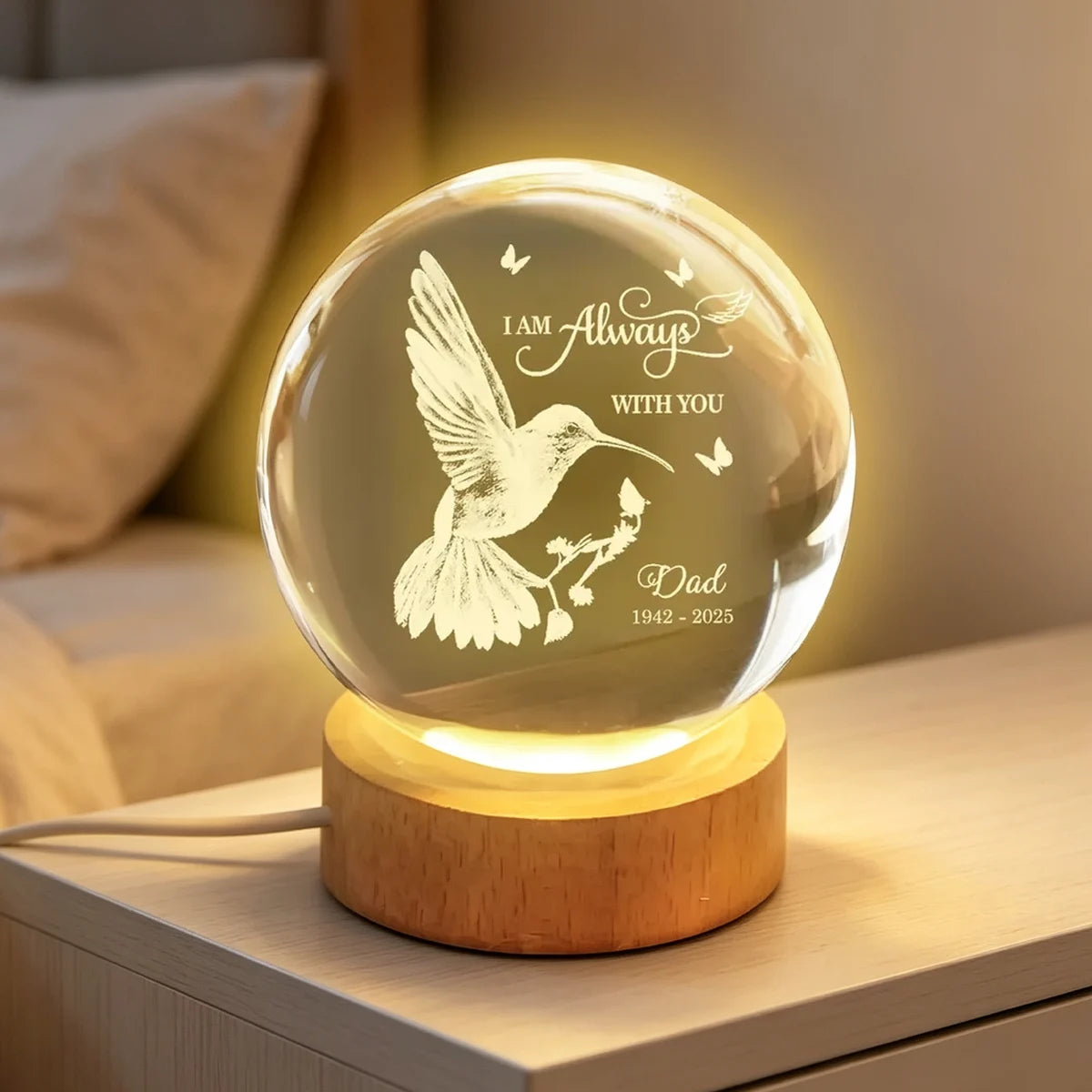 Personalized Globe Lamp, Always With You Hummingbird in Flight Tribute, Creative Remembrance Gift for Loved Ones