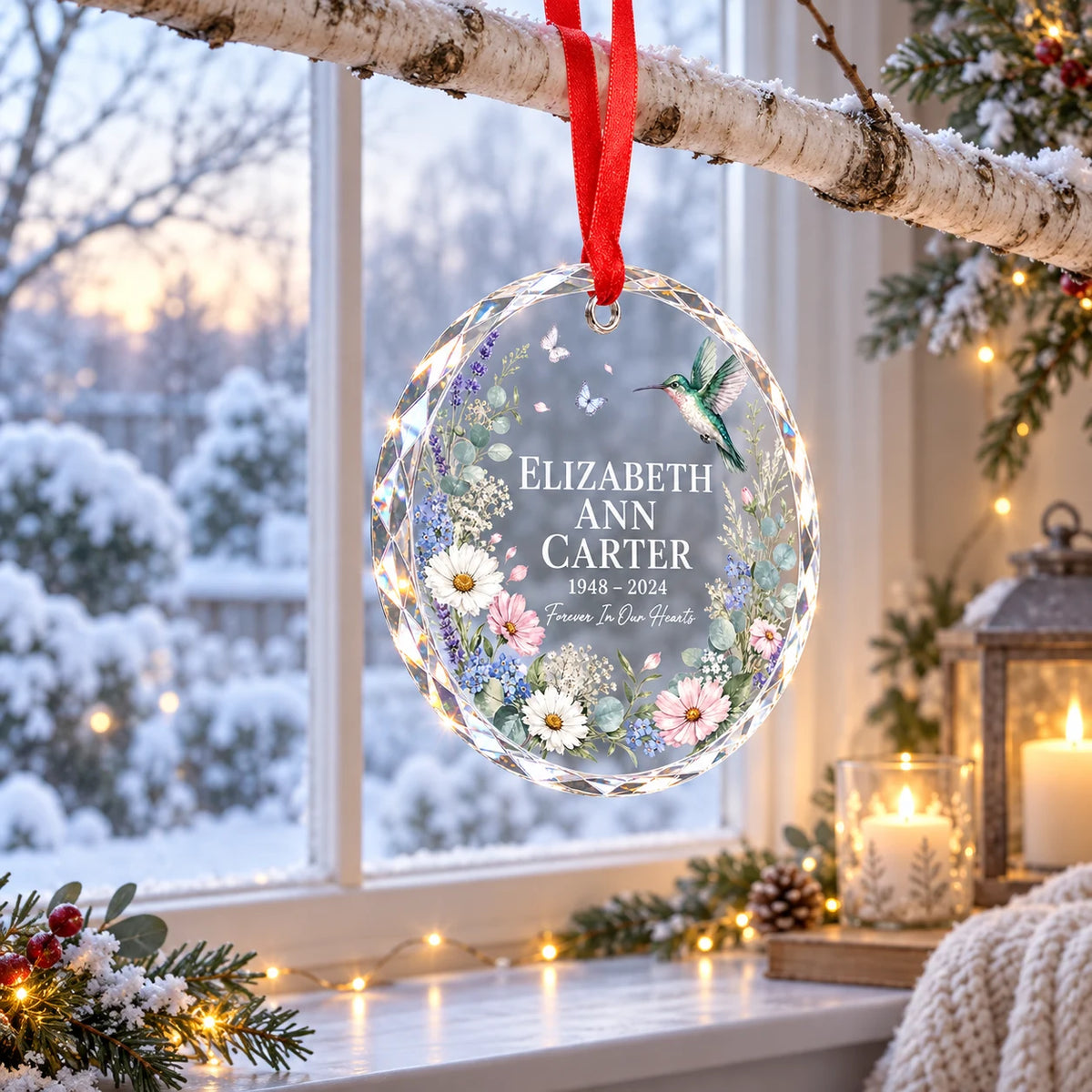 Personalized Memorial Ornament, Forever In Our Hearts Floral Keepsake, Custom Christmas Tree Decoration Gift for Loved Ones