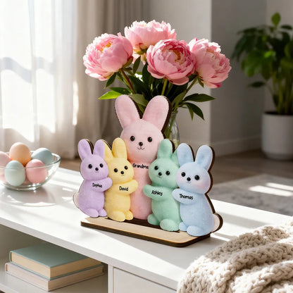 Personalized 2-Layer Wooden Plaque with Grandma & Grandkids Bunnies, Pastel Easter Table Decor, Unique Gift for Grandma