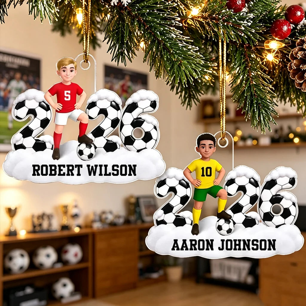Personalized Acrylic Ornament, Cartoon Soccer Player Posing with Ball, Unique Christmas Gift for Son