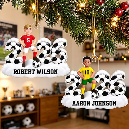 Personalized Acrylic Ornament, Cartoon Soccer Player Posing with Ball, Unique Christmas Gift for Son