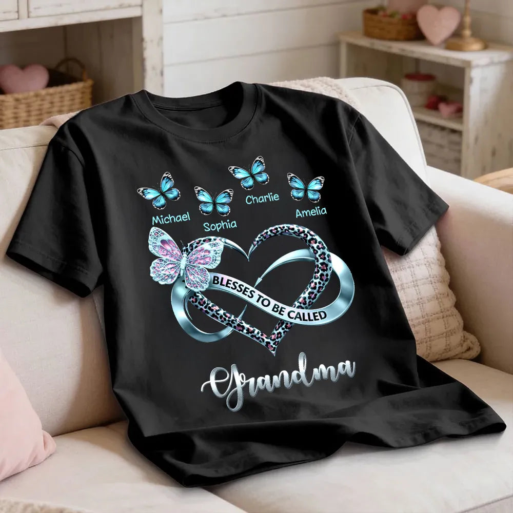 Personalized Grandma Classic Tee with Butterfly Names and Heart Design - Unique Mother's Day Gift