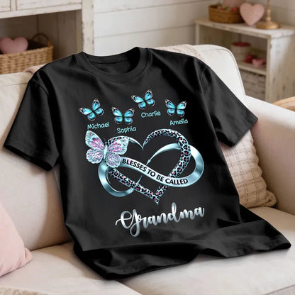 Personalized Grandma Classic Tee with Butterfly Names and Heart Design - Unique Mother's Day Gift