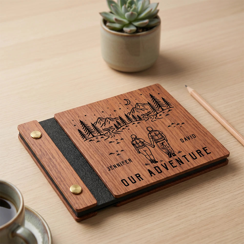 Personalized Wooden Memory Book for Couples, Custom Adventure Keepsake Album with Names, Anniversary or Wedding Gift