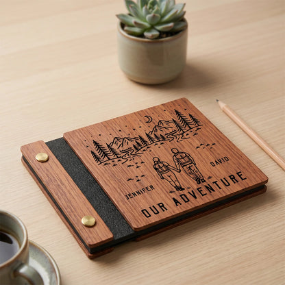 Personalized Wooden Memory Book for Couples, Custom Adventure Keepsake Album with Names, Anniversary or Wedding Gift