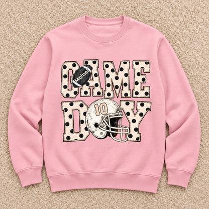 Personalized Game Day Shirt, Sweatshirt, Classic Tee or Hoodie, Custom Name & Number Football Polka Dot Design