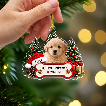 Custom Pet Photo Acrylic Ornament, Snowy Christmas Tree Scene, Unique Gift for Pet Parents