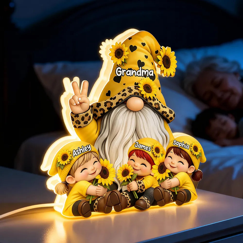Personalized Grandma Gnome Acrylic Light Box With Sunflowers, Warm Glow Night Light, Unique Gift for Grandma