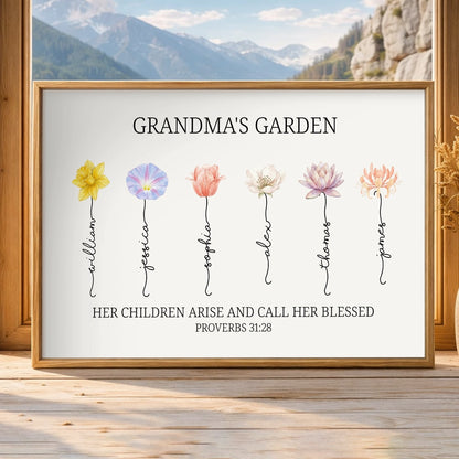 Grandma's Garden Poster Personalized Floral Name Print Family Keepsake Wall Decor A Meaningful Gift for Grandma