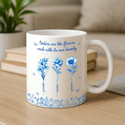 Sisterhood Mug with Names and Flowers – Personalized Floral Gift for Sister or Best Friend