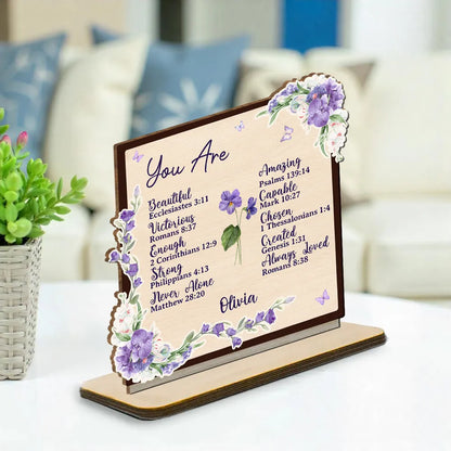 2-Layer Wooden Plaque Personalized with Encouraging Bible Verses and Purple Florals, Heartfelt Gift for Daughter or Friend
