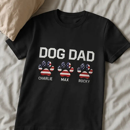 Personalized Dog Dad Classic Tee with Flag Paw Prints, Unique Creative Gift for Pet Owners Holding Leashes