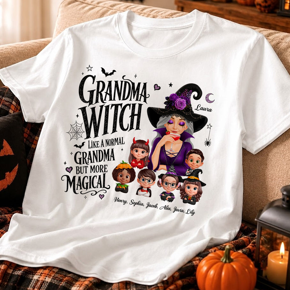 Personalized Grandma Witch Classic Tee, Sipping Witch & Grandkid Art, Unique Halloween Gift For Grandma
